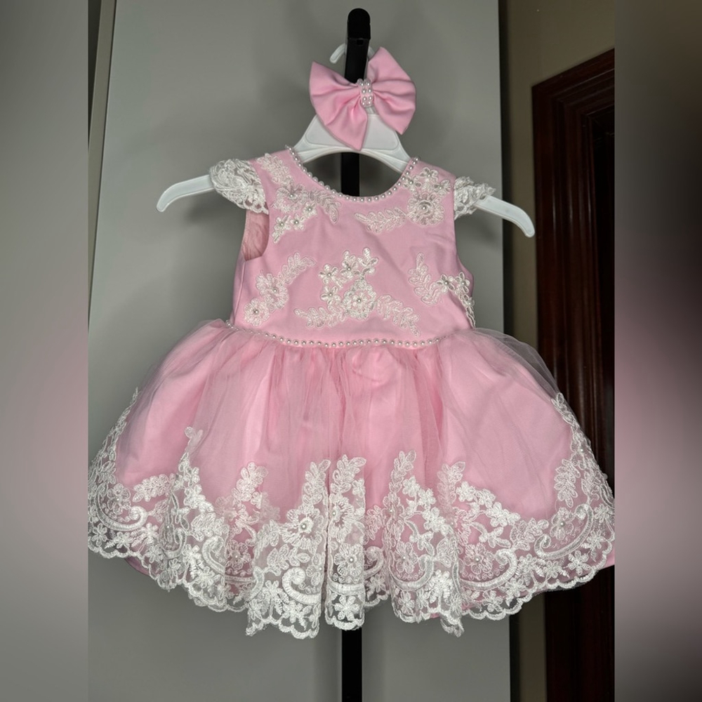 Handmade Pink Lace Baby Dress with Bow